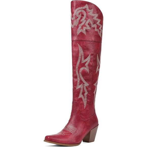 Women Red Pu Polyurethane Embroidered Pointed Toe Chunky Heels Tall Western Boot - Picture 4 of 6